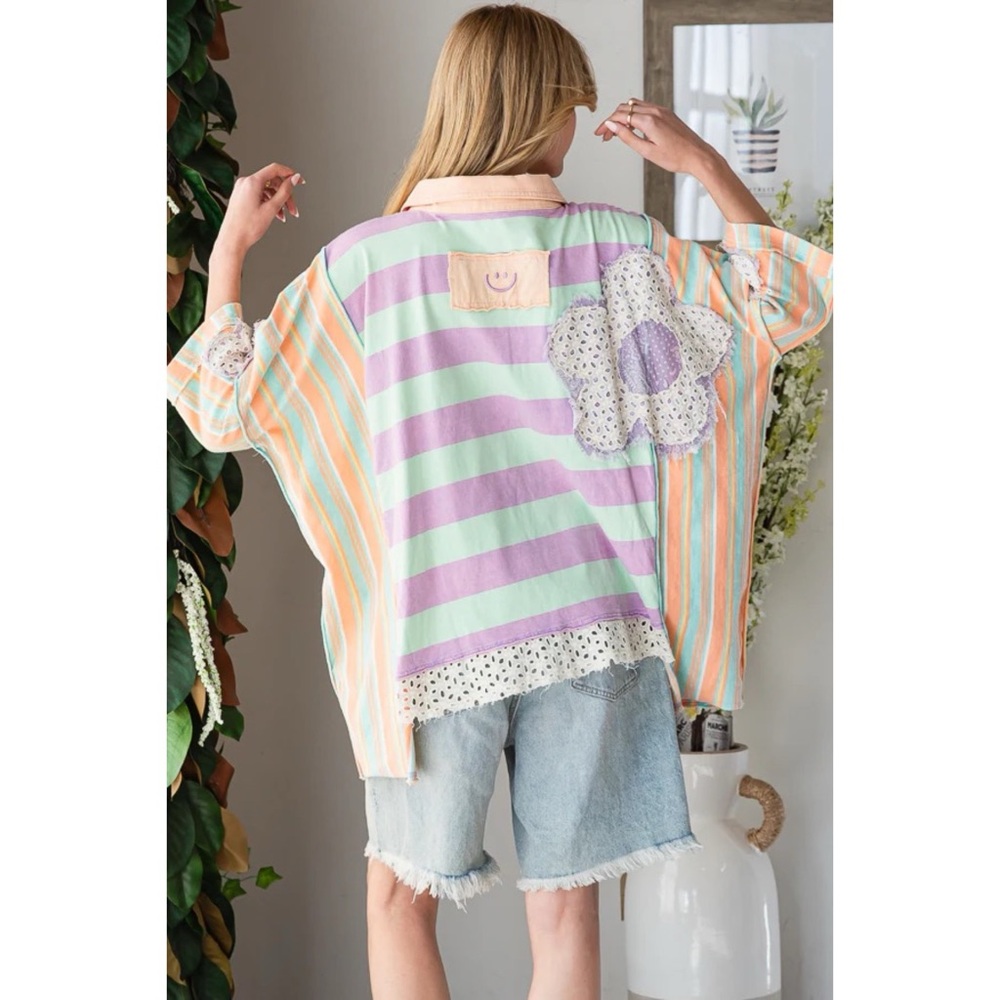 Oli & Hali Mixed Striped Flower Patched Oversized Polo in Orange Mint - Picture 6 of 8